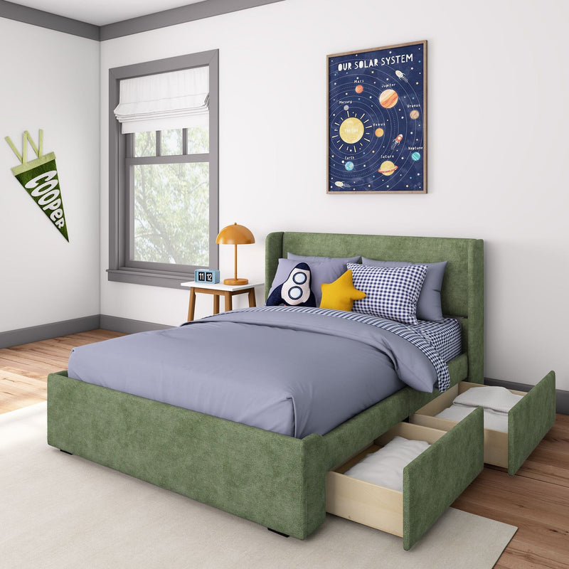 Kids bedroom with green upholstered storage bed and pull-out drawers, blue gingham bedding, rocket pillow and framed solar system poster