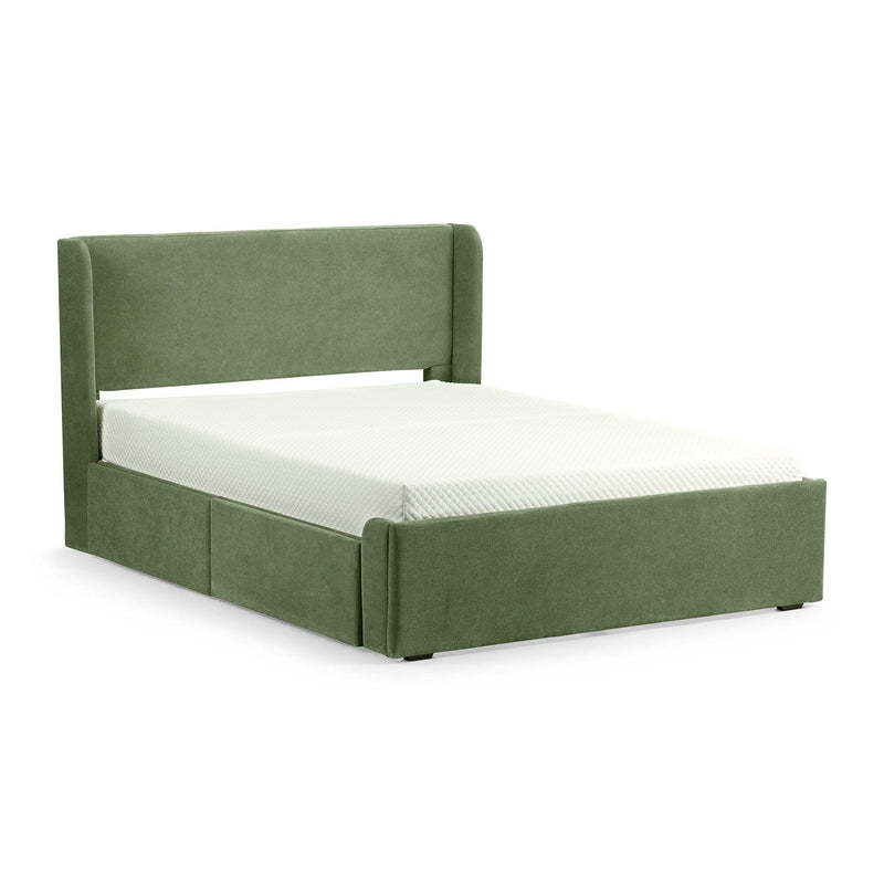 Green upholstered fabric bed frame with tall headboard, white mattress and built-in underbed storage drawers on a platform base
