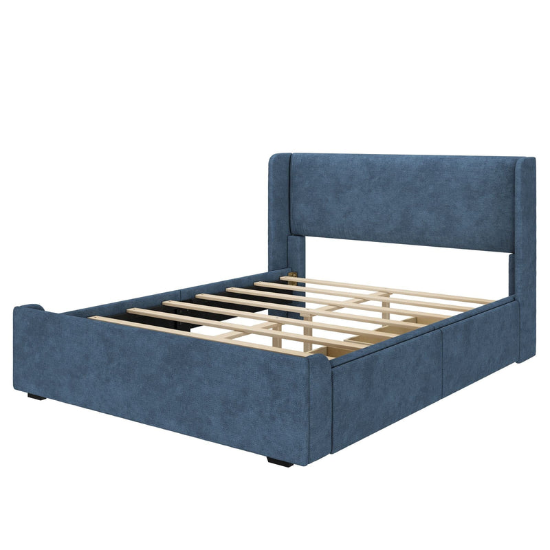 Blue upholstered platform bed frame with padded headboard, wooden slats and low-profile footboard, no mattress