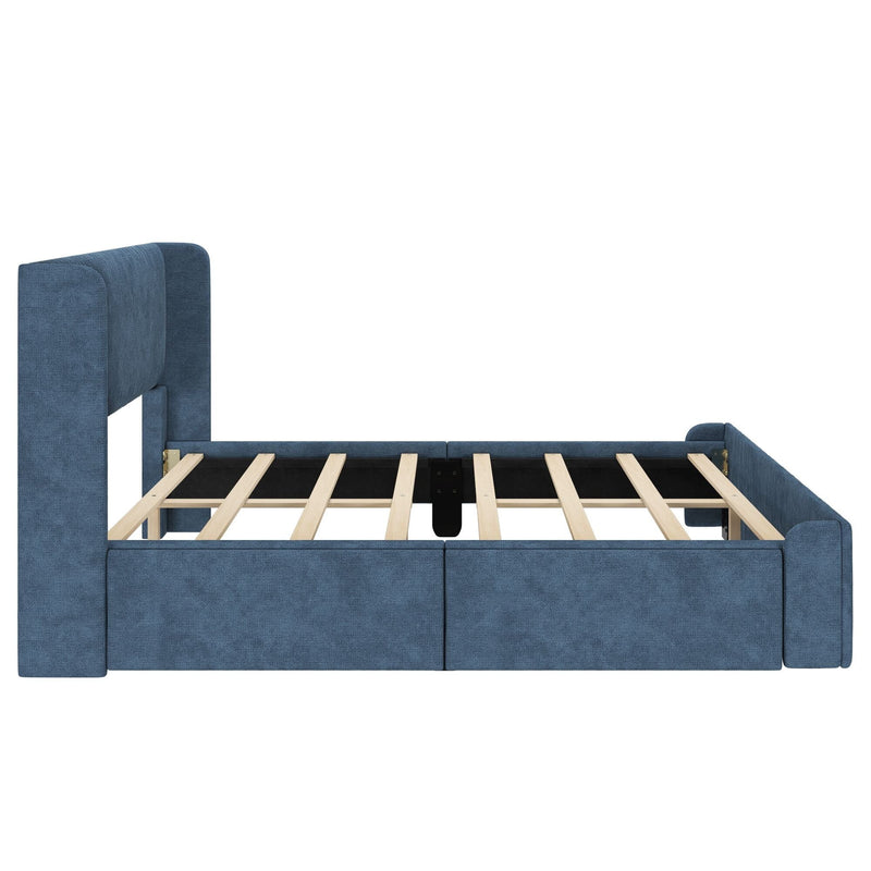 Blue upholstered bed frame with slatted base and padded headboard for modern bedroom decor.