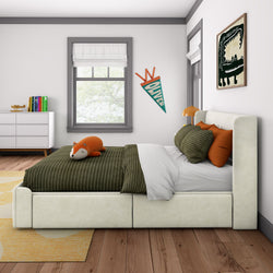 Cozy modern kids' bedroom with stylish bed, green striped bedding, and playful fox plushie on a wooden floor.