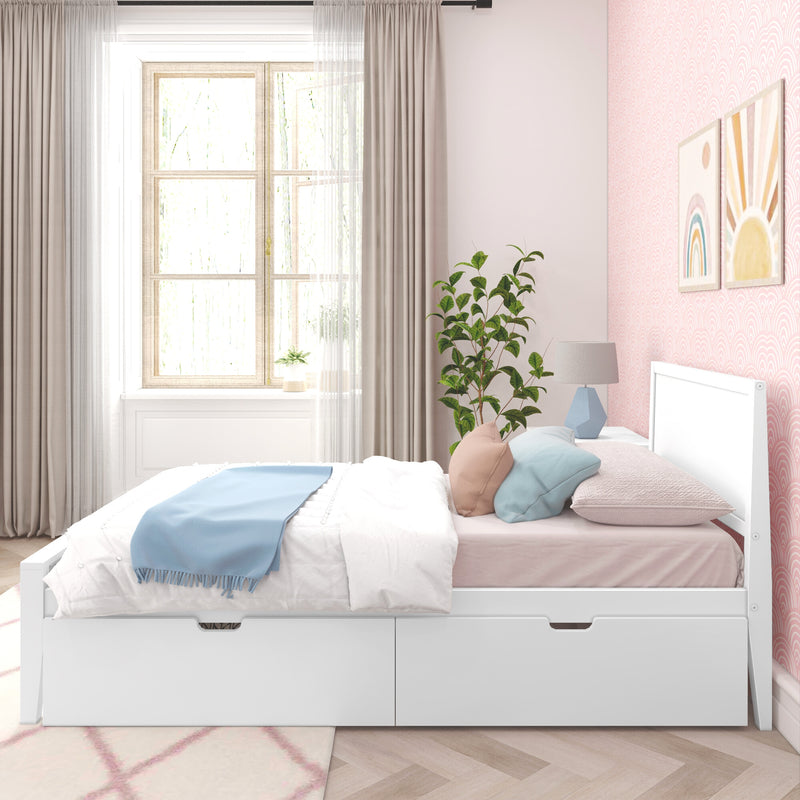 Pastel girl's bedroom with white storage daybed, light blue throw, pink patterned wallpaper, sheer curtains, potted plant and framed rainbow and sun wall art