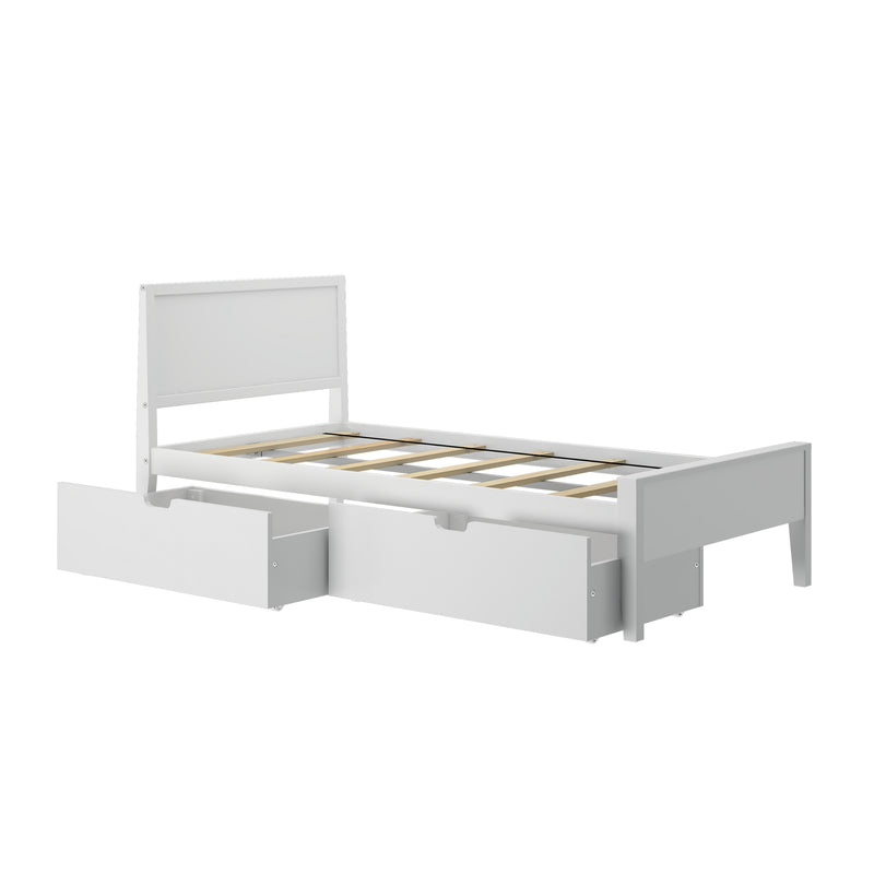 White wooden twin platform bed frame with wooden slats and two large under-bed storage drawers, modern minimalist kids' bedroom furniture