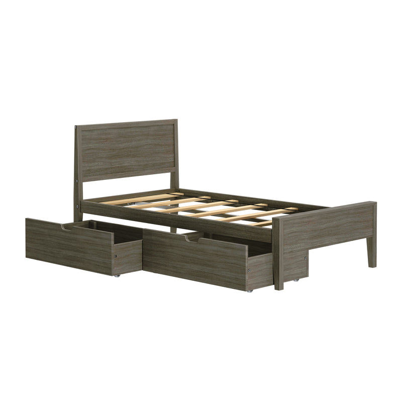 Gray wood twin platform bed frame with slatted base and two under-bed storage drawers on casters, modern single bedroom furniture