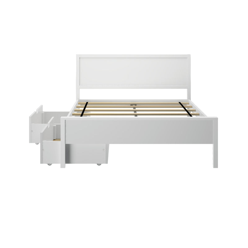 White wooden bed frame with slatted mattress support and pull-out under-bed storage drawers on casters, modern bedroom furniture