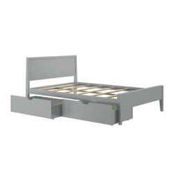 Gray wooden bed frame with built-in storage drawers and headboard.