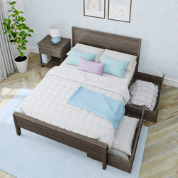 Cozy bedroom with modern wooden bed featuring built-in storage drawers, pastel pillows, and stylish decor.