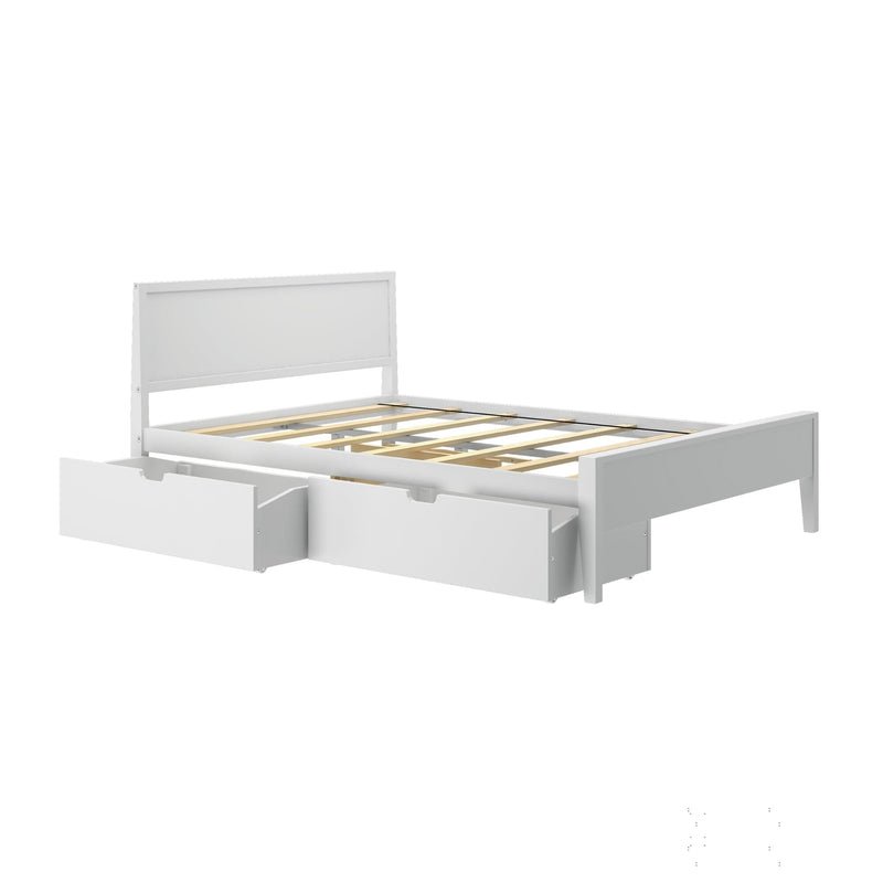 White wooden platform bed frame with headboard and slatted mattress support, featuring two under-bed pull-out storage drawers, modern minimalist bedroom furniture