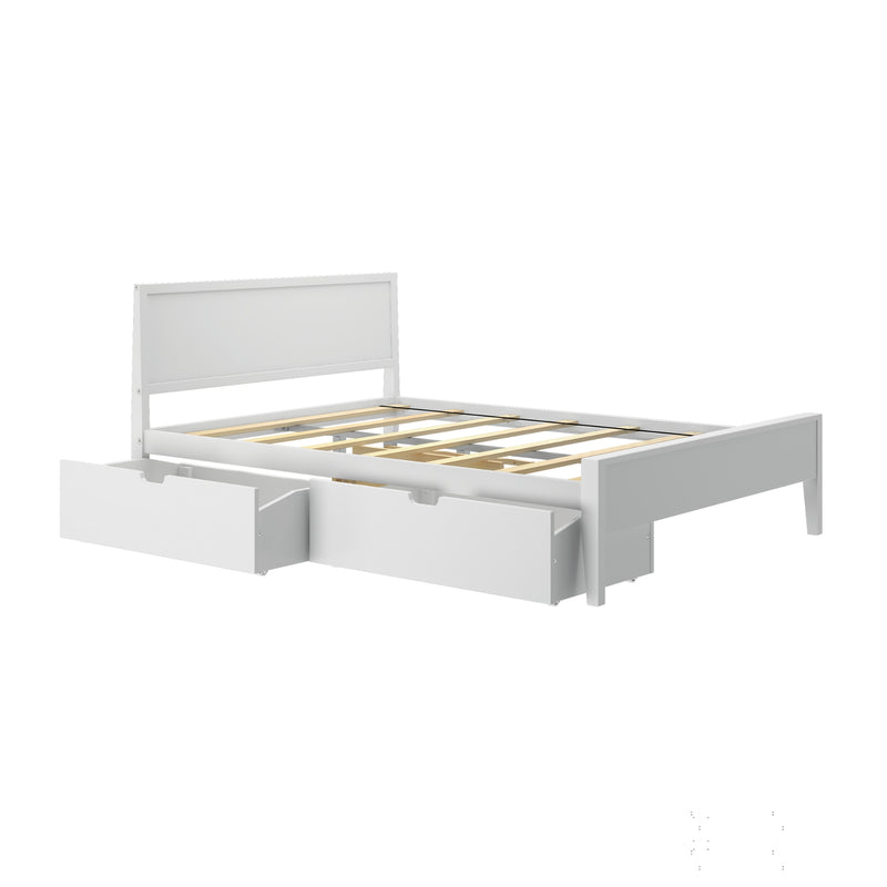 Modern white platform bed frame with headboard, wooden slat support and two under-bed storage drawers for bedroom organization