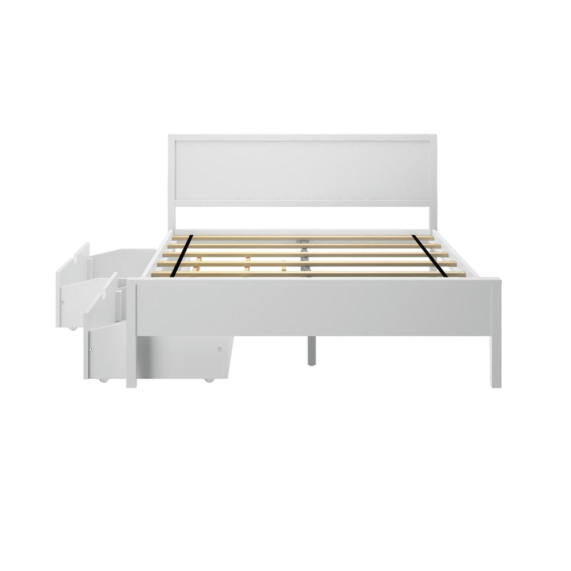 White wooden platform bed frame with solid headboard, slatted mattress support and pull-out under-bed storage drawers, modern bedroom furniture