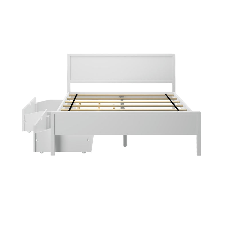 White wooden platform bed with panel headboard, wooden slatted mattress support, center support leg and under-bed pull-out storage drawers on casters