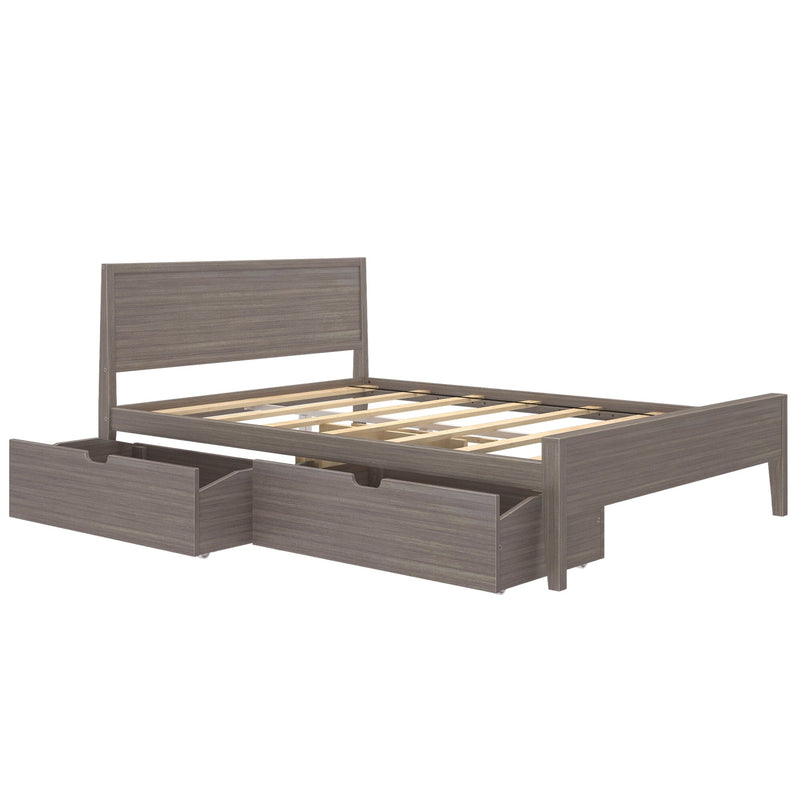 Grey wood platform bed frame with headboard, slatted base and built-in underbed storage drawers