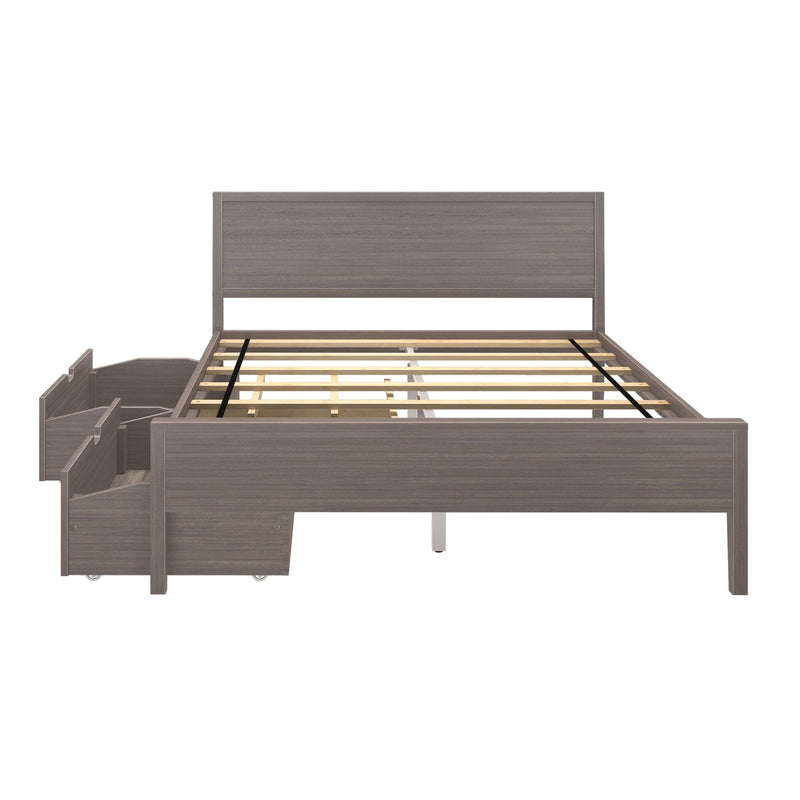 Grey wooden platform bed frame with headboard and built-in under-bed storage drawers, slatted mattress support, modern bedroom furniture