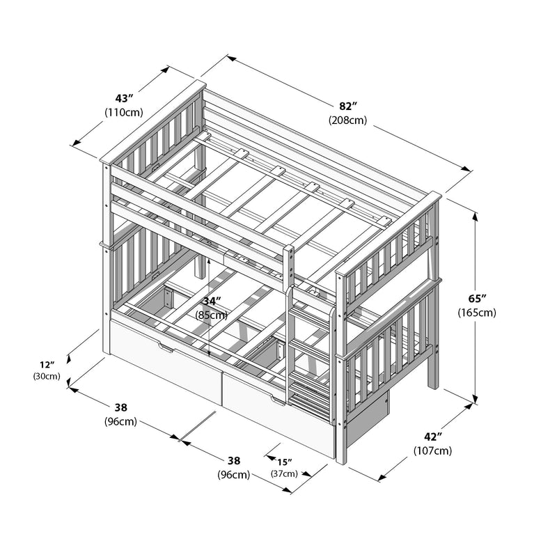 Isometric line drawing of a wooden twin-over-twin bunk bed frame with guardrails, integrated ladder and under-bed storage drawers, labeled dimensions in inches and centimeters (82" × 42" × 65") for assembly and space planning