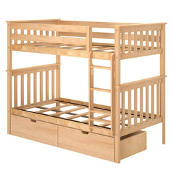Natural wood bunk bed with built-in storage drawers and ladder for kids' bedroom furniture.