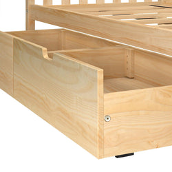Wooden bed frame with under-bed storage drawers in natural finish.