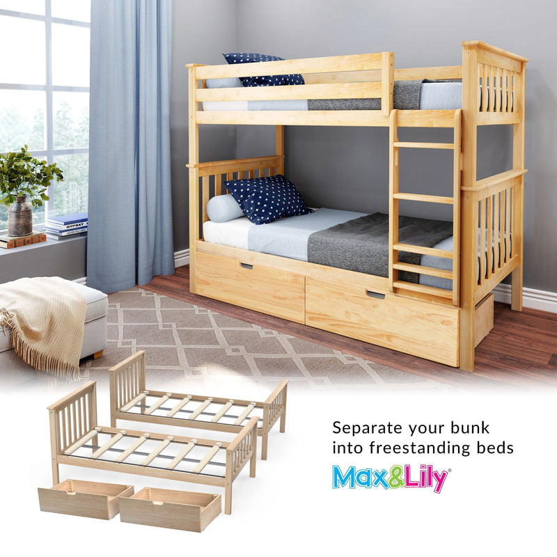 Twin-over-twin wooden bunk bed with ladder and pull-out storage drawers in a modern kids' bedroom with blue bedding and curtains