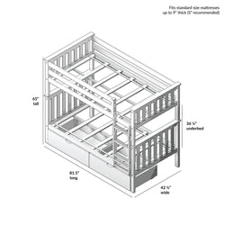 Wooden twin over twin bunk bed dimensions with storage drawers and ladder, perfect for optimizing space in children's bedrooms.