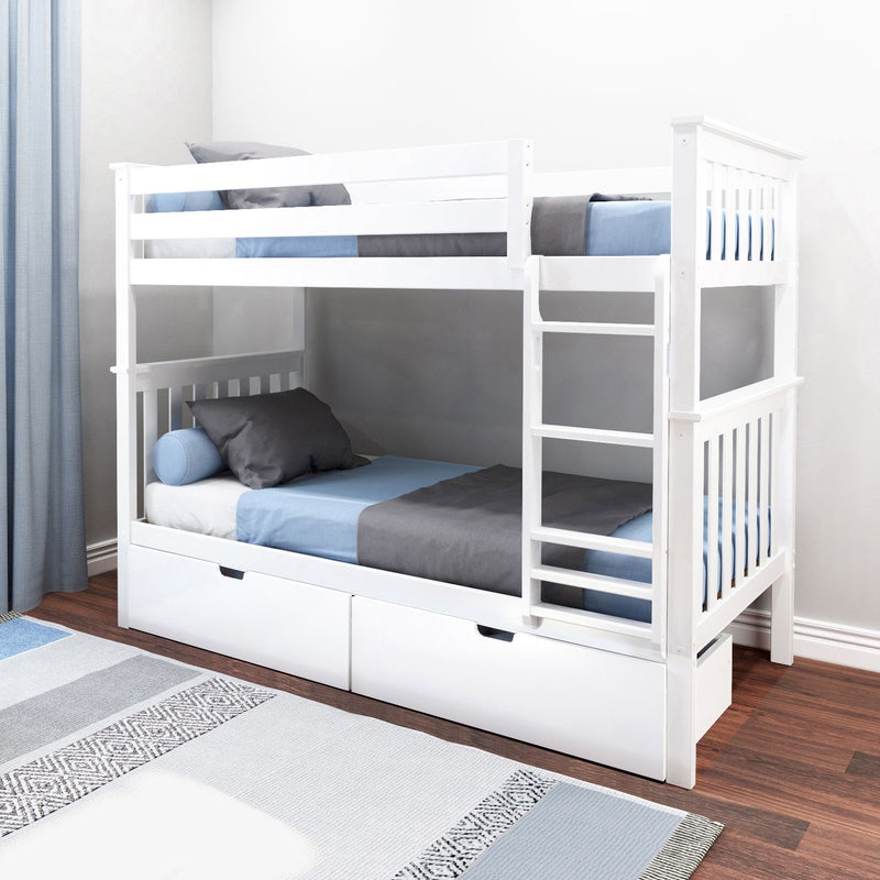 Modern white twin-over-twin wooden bunk bed with ladder, under-bed storage drawers and blue-gray bedding in a kids' bedroom