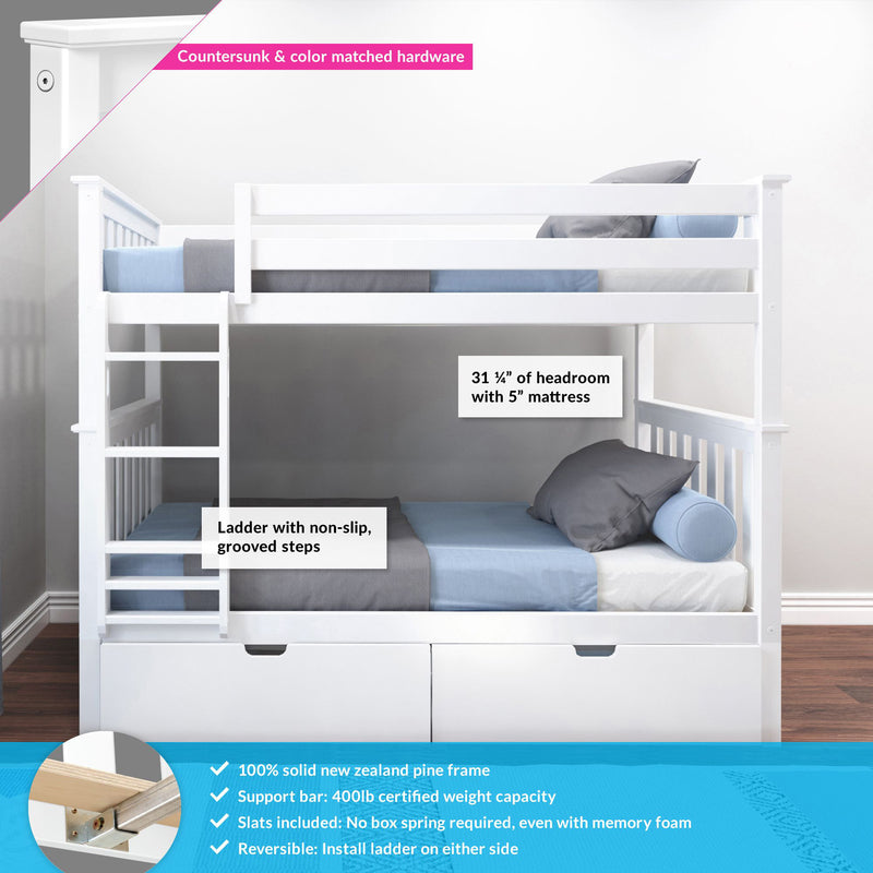 White wooden twin-over-twin kids bunk bed with ladder and guardrails, under-bed storage drawers, blue and gray bedding, solid New Zealand pine frame, non-slip grooved ladder steps and countersunk color-matched hardware