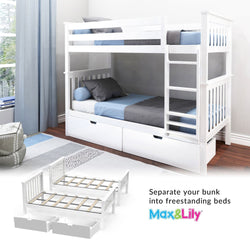 White convertible bunk bed with storage drawers and blue bedding, shown separated into two twin beds, ideal for maximizing space in kids' bedrooms.