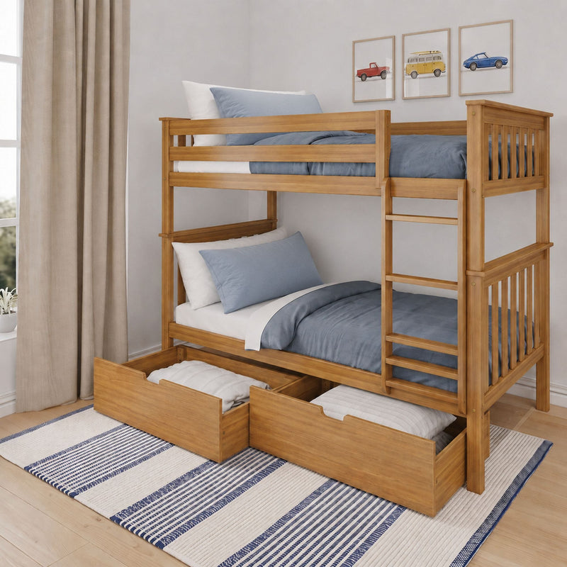Natural wood bunk bed with ladder and under-bed trundle storage drawers, blue bedding in kids' bedroom
