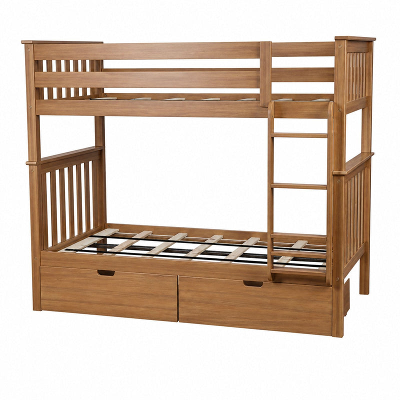 Solid wood bunk bed with ladder, slatted headboards and built-in underbed storage drawers in a natural oak finish