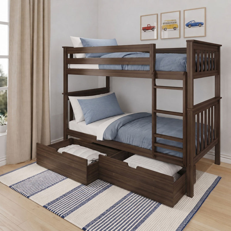 Dark walnut twin-over-twin solid wood bunk bed with ladder and pull-out storage drawers, blue bedding and kids' car wall art in a modern children's bedroom
