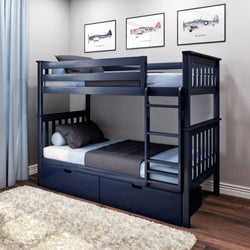 Navy blue bunk bed with dark gray bedding in a modern bedroom setting.