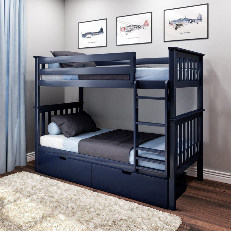 Navy blue twin-over-twin bunk bed with ladder and under-bed storage drawers in a child's bedroom, styled with blue bedding, airplane wall art, hardwood floors and a cream shag rug