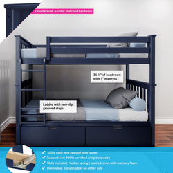 Navy blue bunk bed with storage drawers, non-slip ladder, and solid pine frame; ideal for kids' room or guest space.