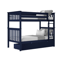 Blue wooden bunk bed with storage drawers and gray bedding set, perfect for saving space in kids' rooms.