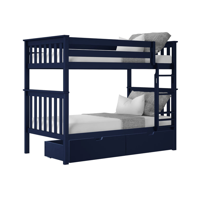 Navy blue wooden bunk bed with ladder, slatted guardrails and built-in under-bed storage drawers styled with gray bedding