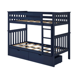 Blue wooden bunk bed with storage drawers and ladder.