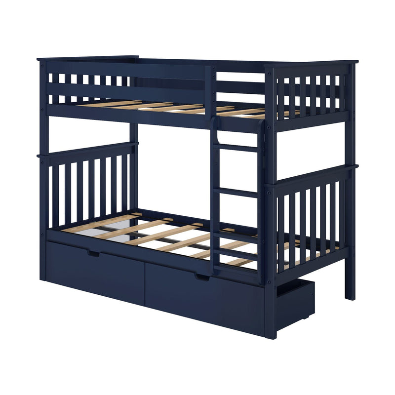 Navy blue wooden kids bunk bed with ladder, slatted guardrails, wooden slats and built-in under-bed storage drawers