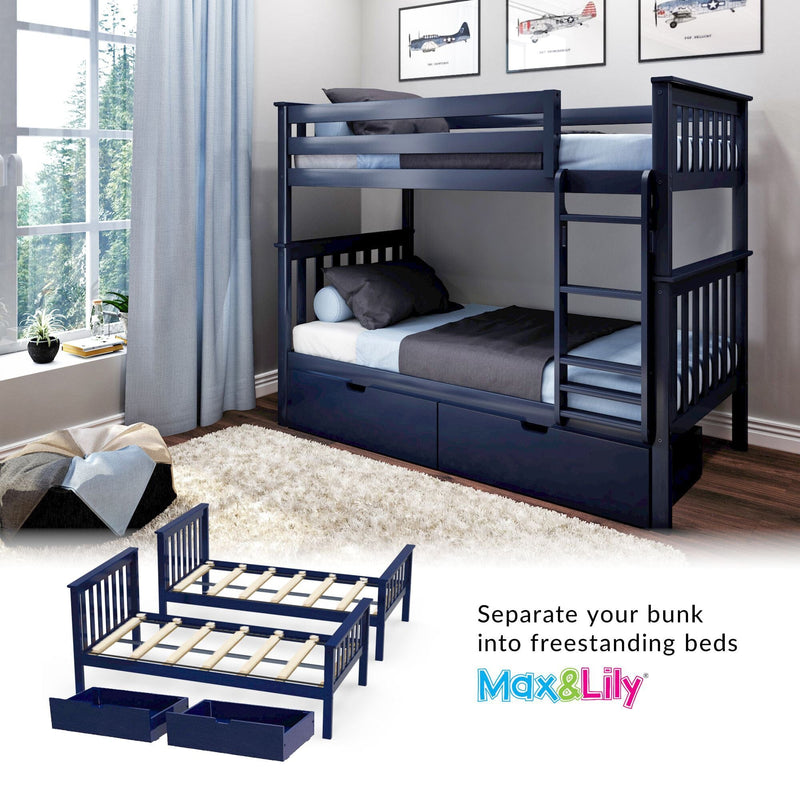 Navy blue bunk bed with detachable design for freestanding beds in a stylish bedroom with natural light.