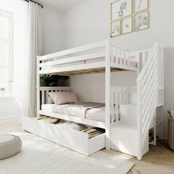 Modern white bunk bed with storage drawers and staircase in a bright, minimalist bedroom.