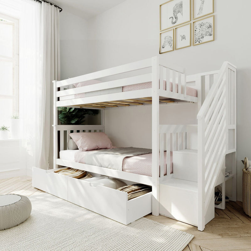 White wooden bunk bed with built-in storage drawers and staircase in bright modern kids' bedroom with neutral decor, pink bedding and framed animal prints