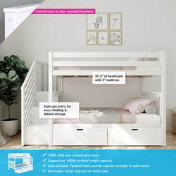 White bunk bed with staircase, storage drawers, and solid pine frame, ideal for kids' bedroom furniture.