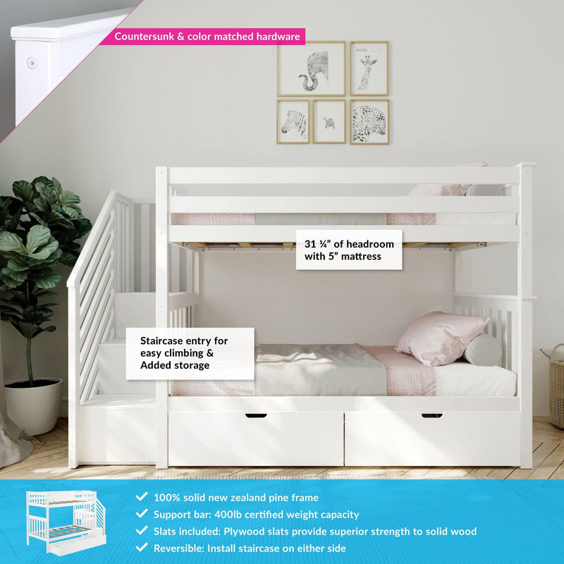 White wooden children's bunk bed with staircase storage and under-bed drawers, pink bedding, framed animal wall art