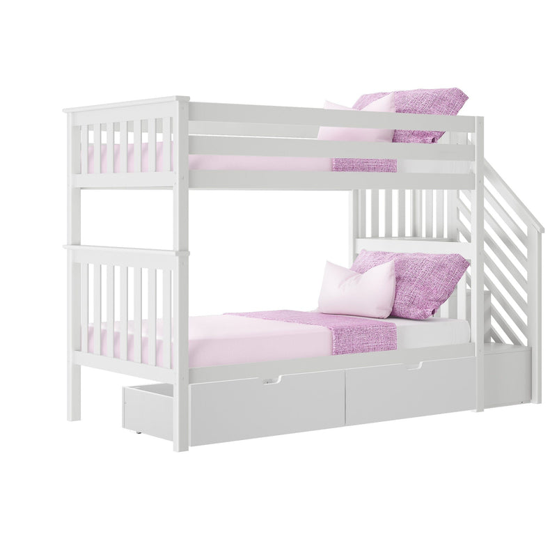 White wooden twin-over-twin bunk bed with side staircase and under-bed storage drawers, styled with pink bedding, modern kids' bedroom furniture