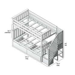 Detailed diagram of a wood bunk bed with stairs, featuring dimensions of 99 ½” long, 42 ½” wide, and 65” tall.