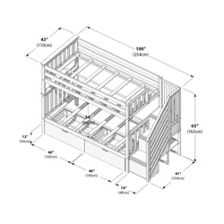 Bunk bed with stairs and storage dimensions diagram, highlighting measurements in inches and centimeters for kids' bedroom furniture setup.
