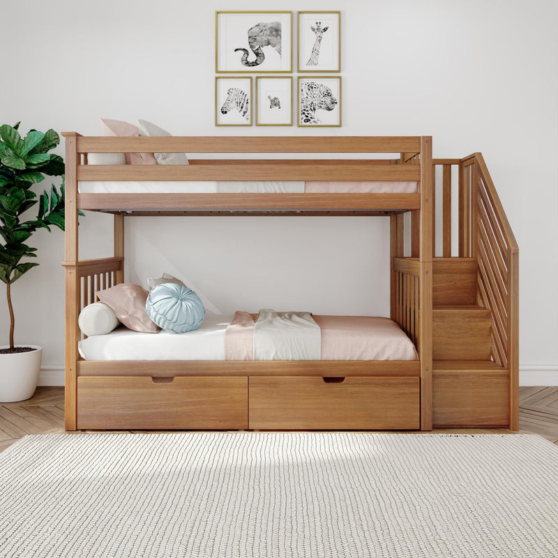 Natural wooden bunk bed with staircase and under-bed drawers in neutral kids' bedroom with pastel bedding and animal wall art