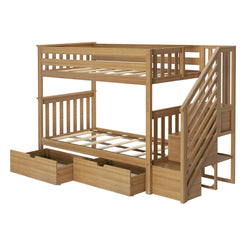 Wooden bunk bed with built-in steps and storage drawers for kids' room.