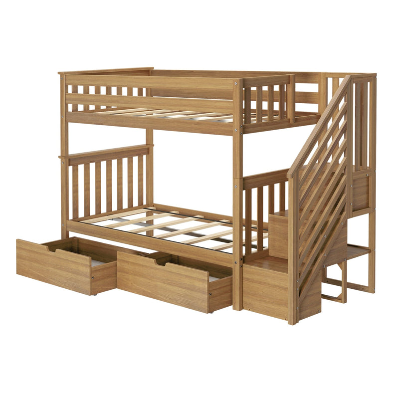 Natural oak loft-style wooden bunk bed with built-in staircase and under-bed storage drawers, slatted platform frames for kids' rooms