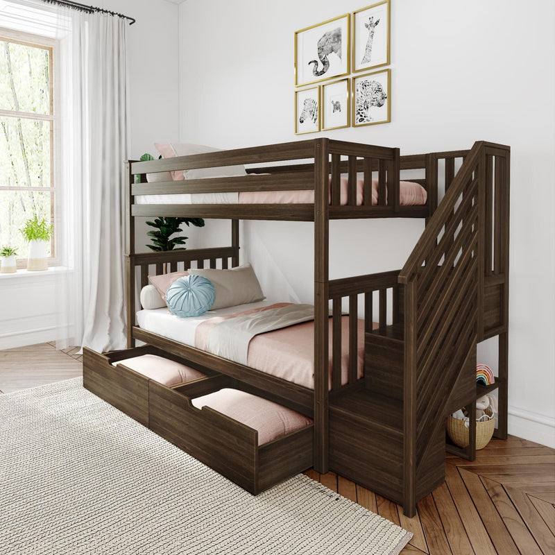 Dark wood twin-over-twin bunk bed with staircase and pull-out trundle drawers in a bright kids' bedroom with pastel bedding, white curtains, gallery animal prints and hardwood floors