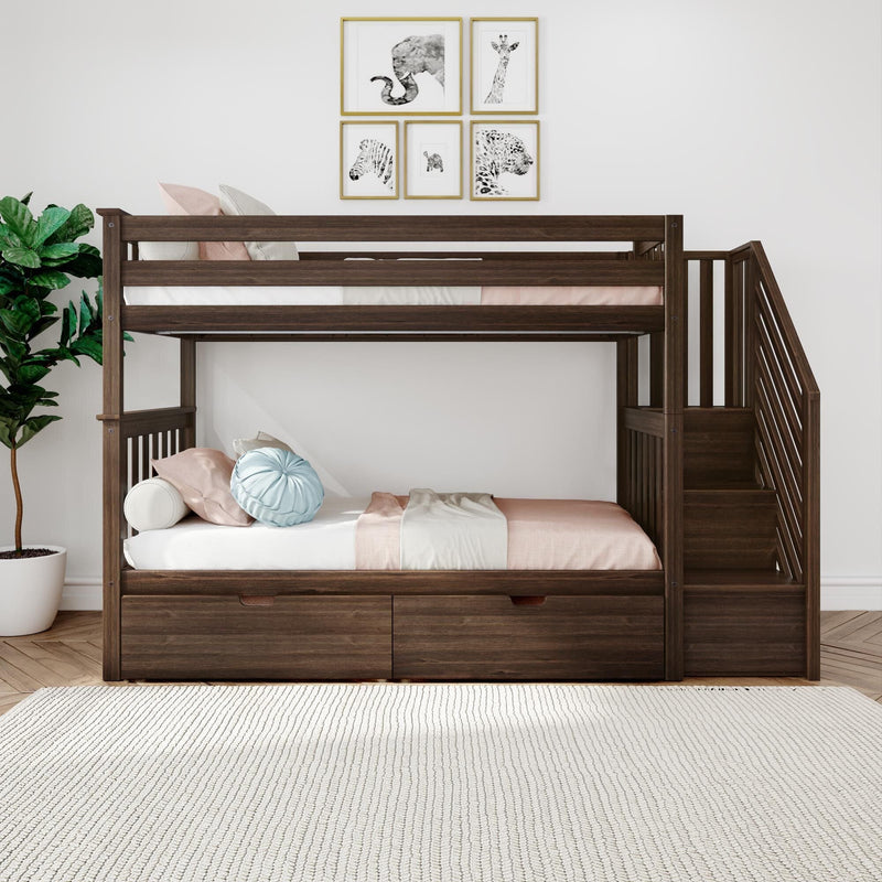 Solid wood twin-over-twin bunk bed with staircase and built-in storage drawers in a neutral kids bedroom with pink bedding, decorative pillows, potted plant and framed animal wall art