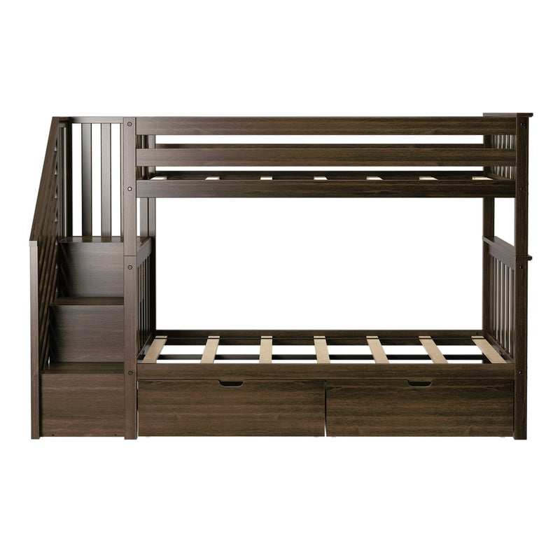Dark walnut wooden bunk bed with built-in staircase, slatted upper and lower mattress platforms, two under-bed storage drawers and space-saving design for a kids' bedroom