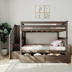 Dark wood bunk bed with staircase and storage in modern bedroom with plant and wall art.